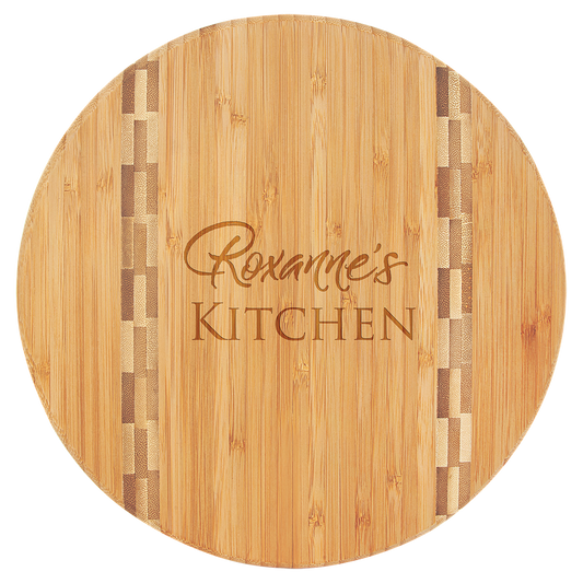 Laser Engraved Round Bamboo Cutting Board with Butcher Block Inlay